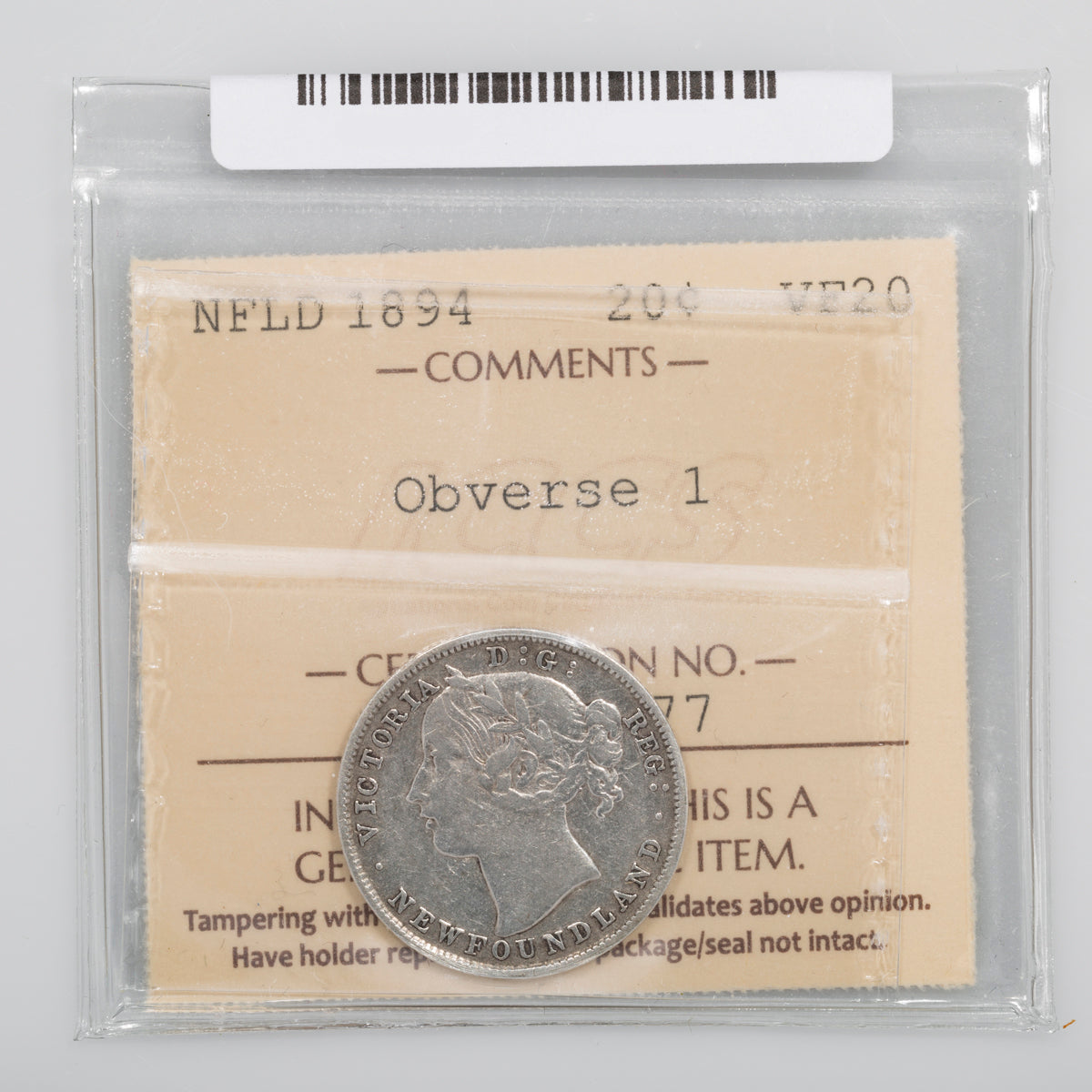 NFLD 20 Cent 1894 Obverse 1 ICCS VF-20