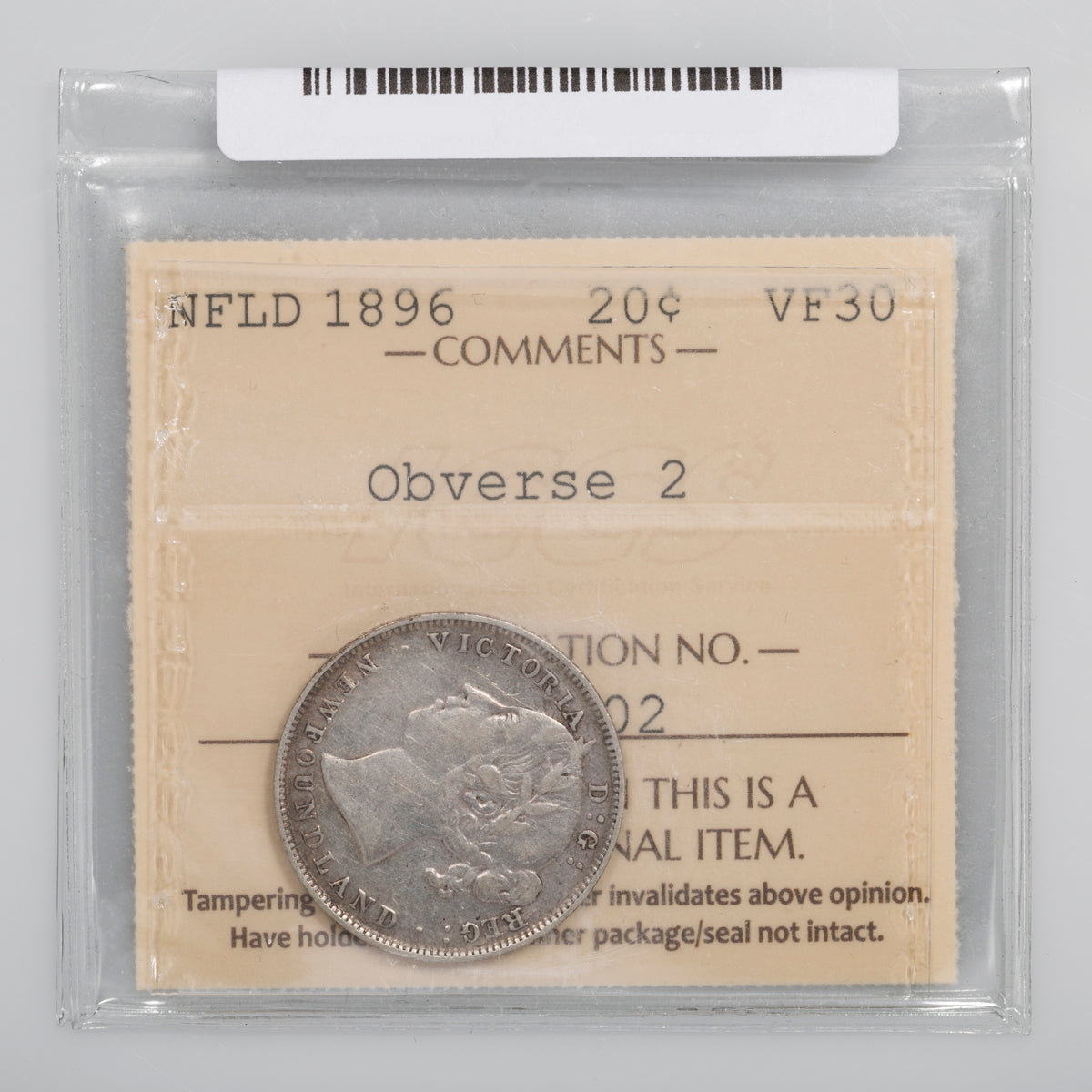 NFLD 20 Cent 1896 Obverse 2 ICCS VF-30