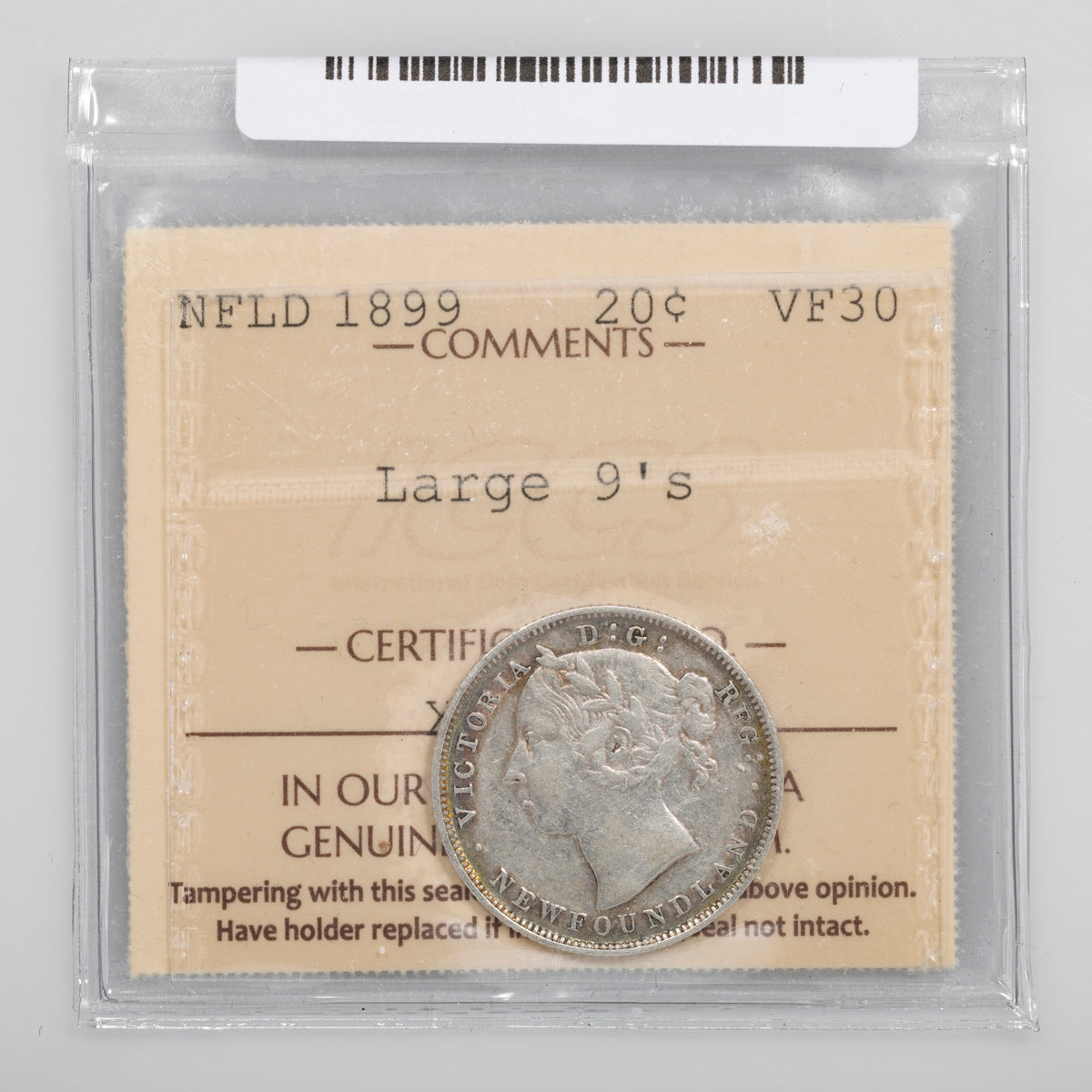 NFLD 20 Cent 1899 Large 9's ICCS VF-30
