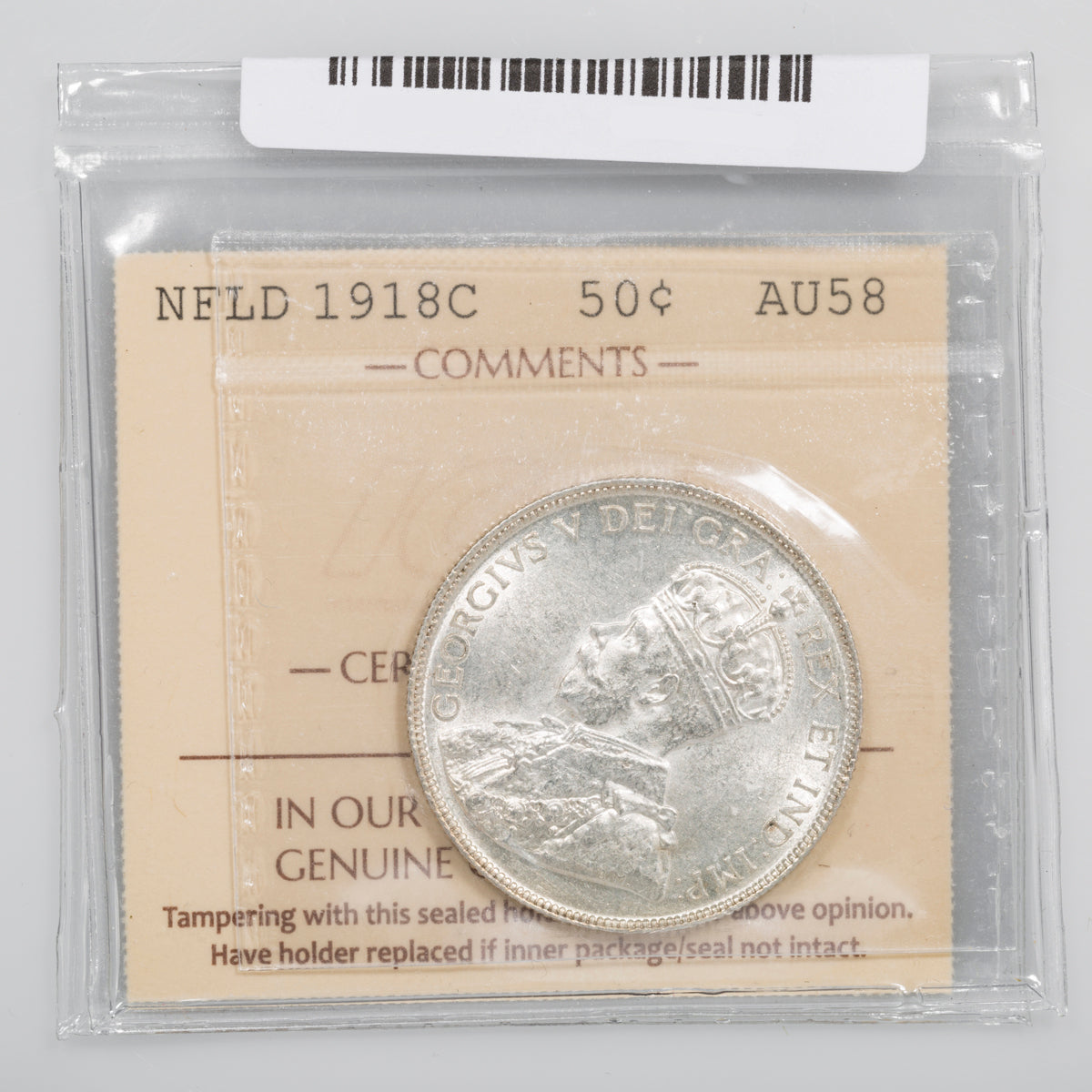 NFLD 50 Cent 1918C ICCS AU-58