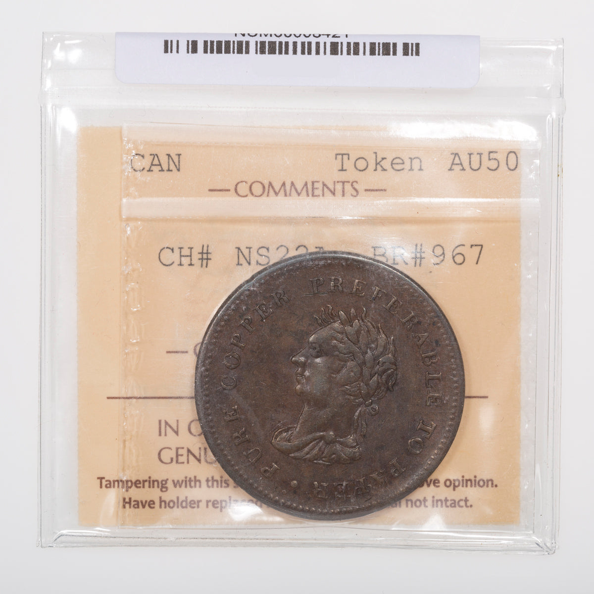 Nova Scotia Trade & Navigation 1838 -Pure Copper Preferable to Paper One Penny 1838 AU-50