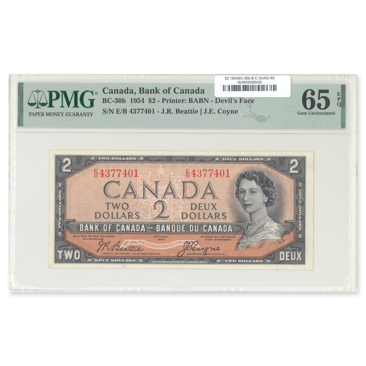 $2 1954 Devil's Face Series BC-30b Beattie-Coyne Prefix D/B PMG GUNC-65 EPQ