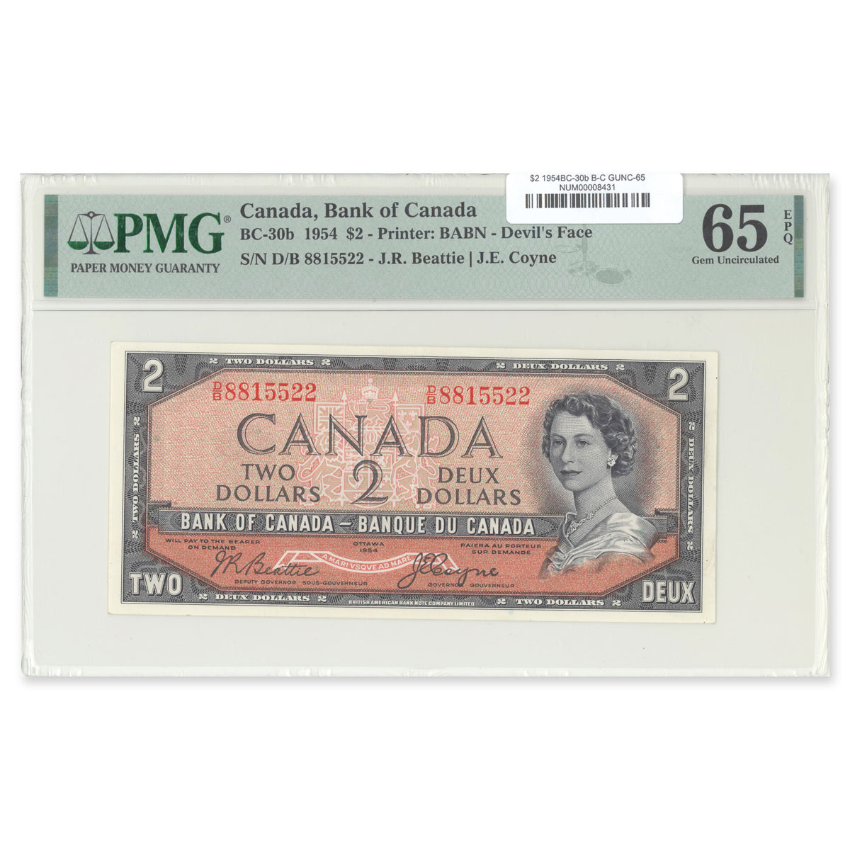 $2 1954 Devil's Face Series BC-30b Beattie-Coyne Prefix E/B PMG GUNC-65 EPQ