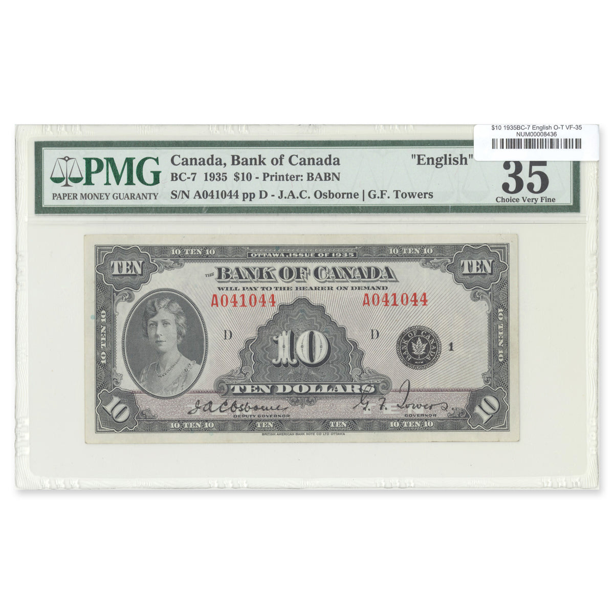 $10 1935 BC-7 English Osborne-Towers Prefix A PMG VF-35