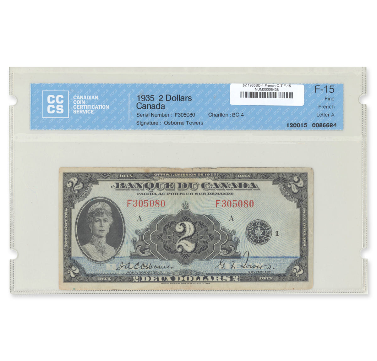 $2 1935 BC-4 French Osborne-Towers Prefix F CCCS F-15