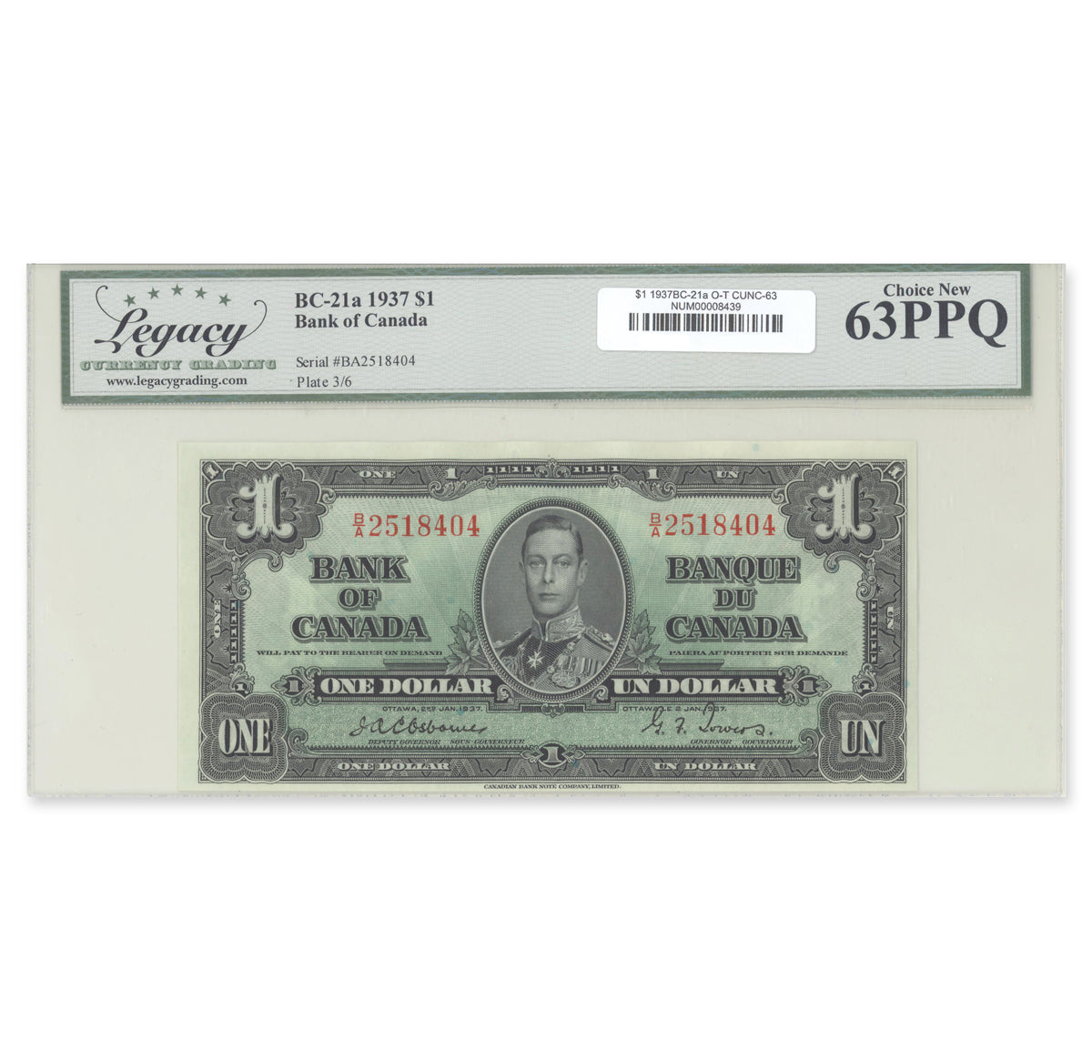 $1 1937 BC-21a Osborne-Towers Prefix B/A Legacy CUNC-63 PPQ