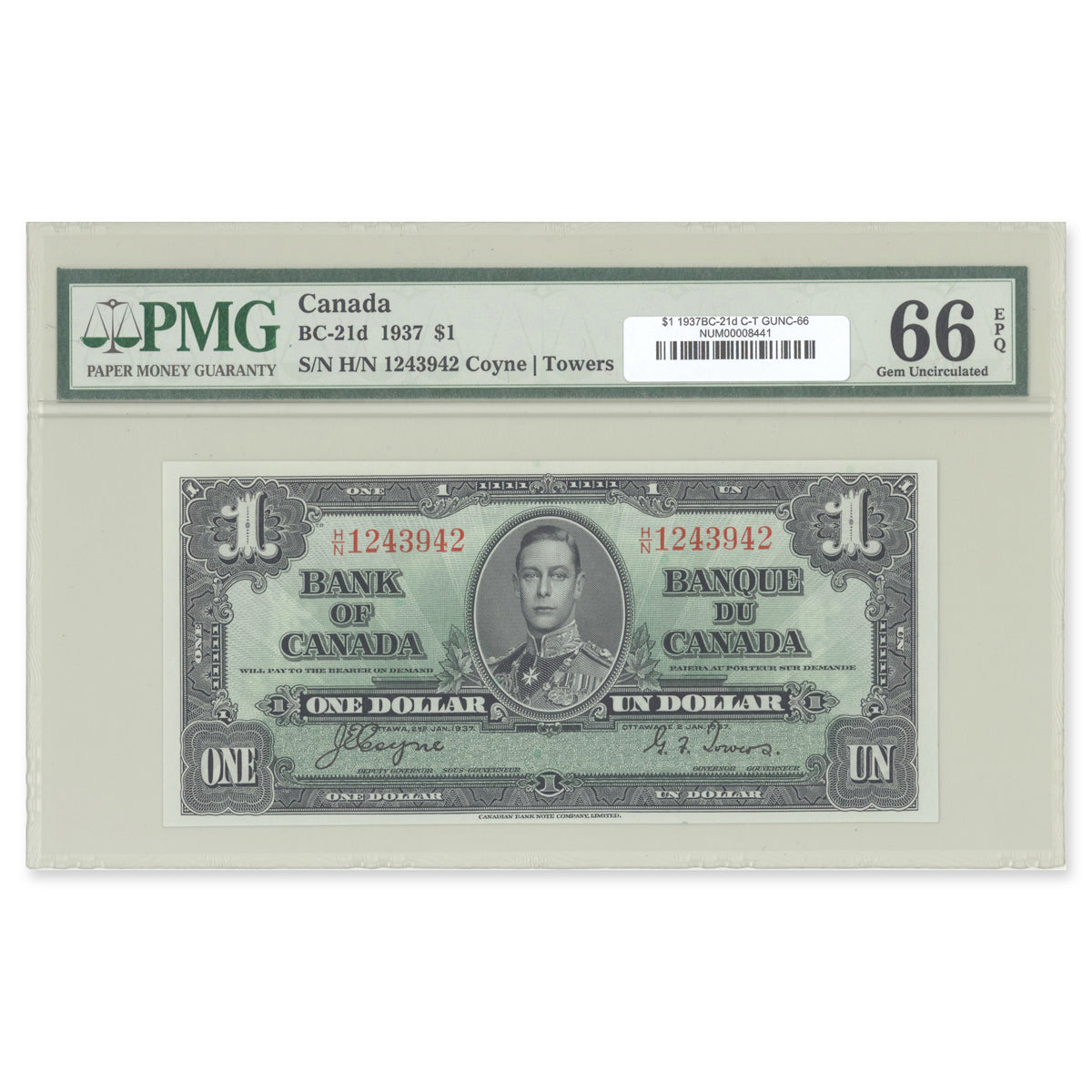 $1 1937 BC-21d Coyne-Towers Prefix H/N PMG GUNC-66 EPQ