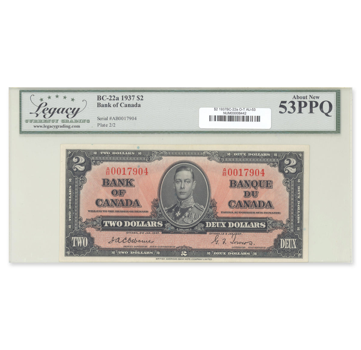 $2 1937 BC-22a Osborne-Towers Prefix A/B Legacy AU-53 PPQ