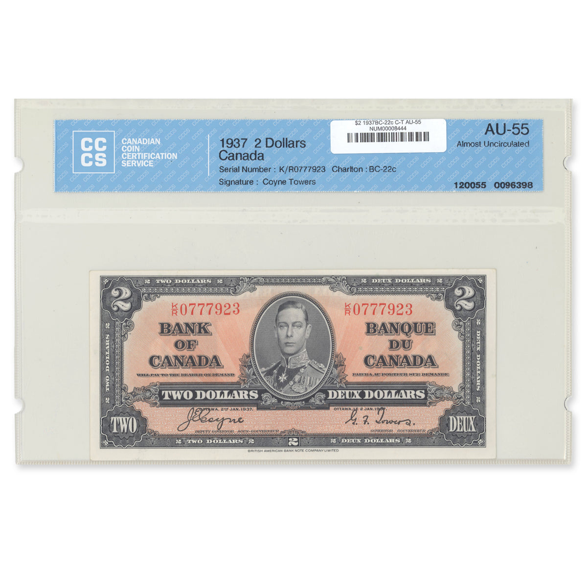 $2 1937 BC-22c Coyne-Towers Prefix K/R CCCS AU-55