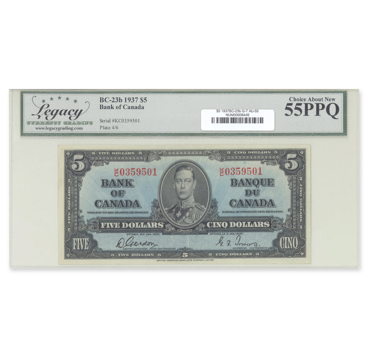 $5 1937 BC-23b Gordon-Towers Prefix K/C Legacy AU-55 PPQ