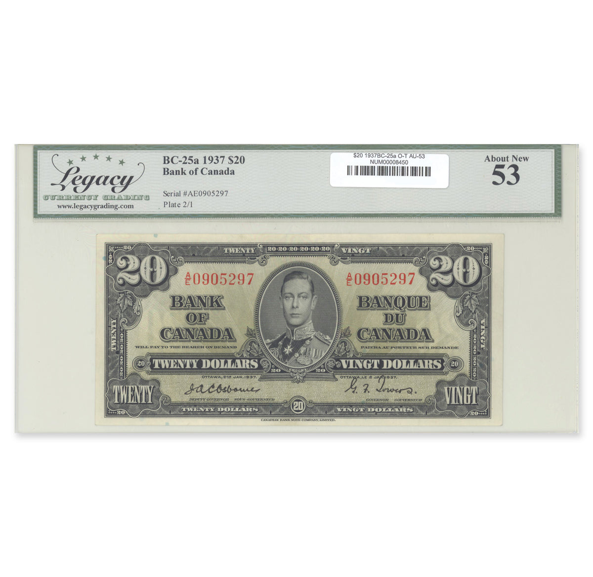 $20 1937 BC-25a Osborne-Towers Prefix A/E Legacy AU-53
