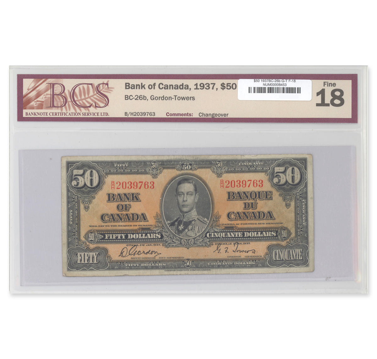 $50 1937 BC-26b Gordon-Towers Prefix B/H BCS F-18