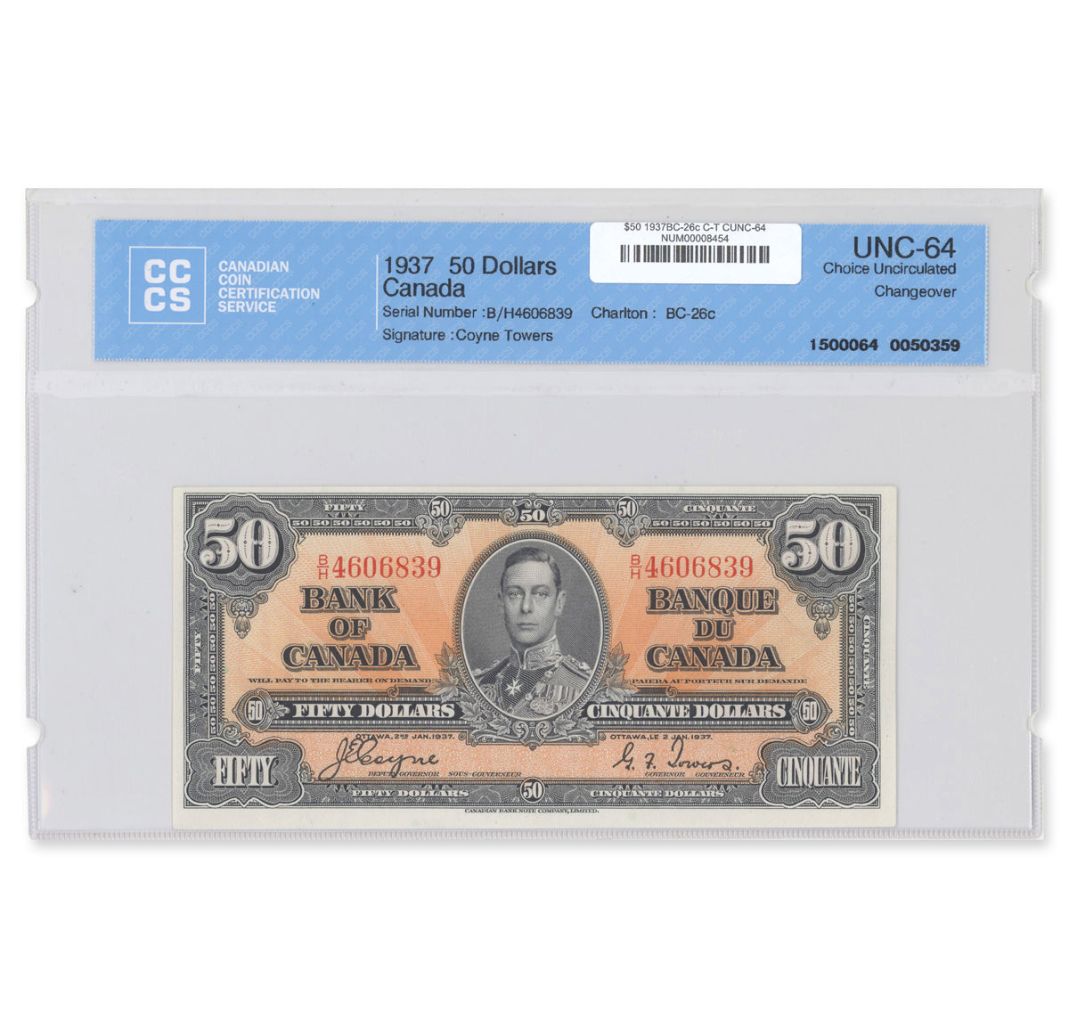 $50 1937 BC-26c Coyne-Towers Prefix B/H CCCS CUNC-64