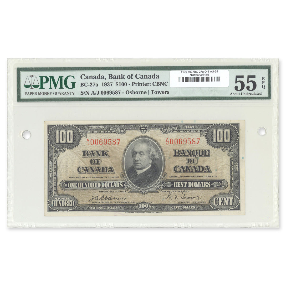 $100 1937 BC-27a Osborne-Towers Prefix A/J PMG AU-55 EPQ