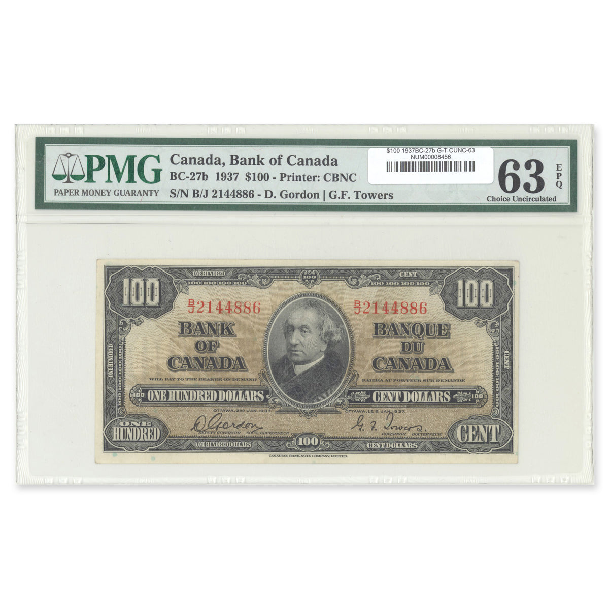 $100 1937 BC-27b Gordon-Towers Prefix B/J PMG CUNC-63 EPQ
