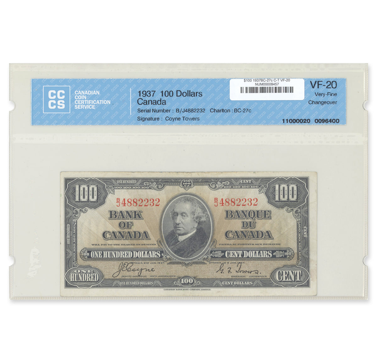 $100 1937 BC-27c Coyne-Towers Prefix B/J CCCS VF-20
