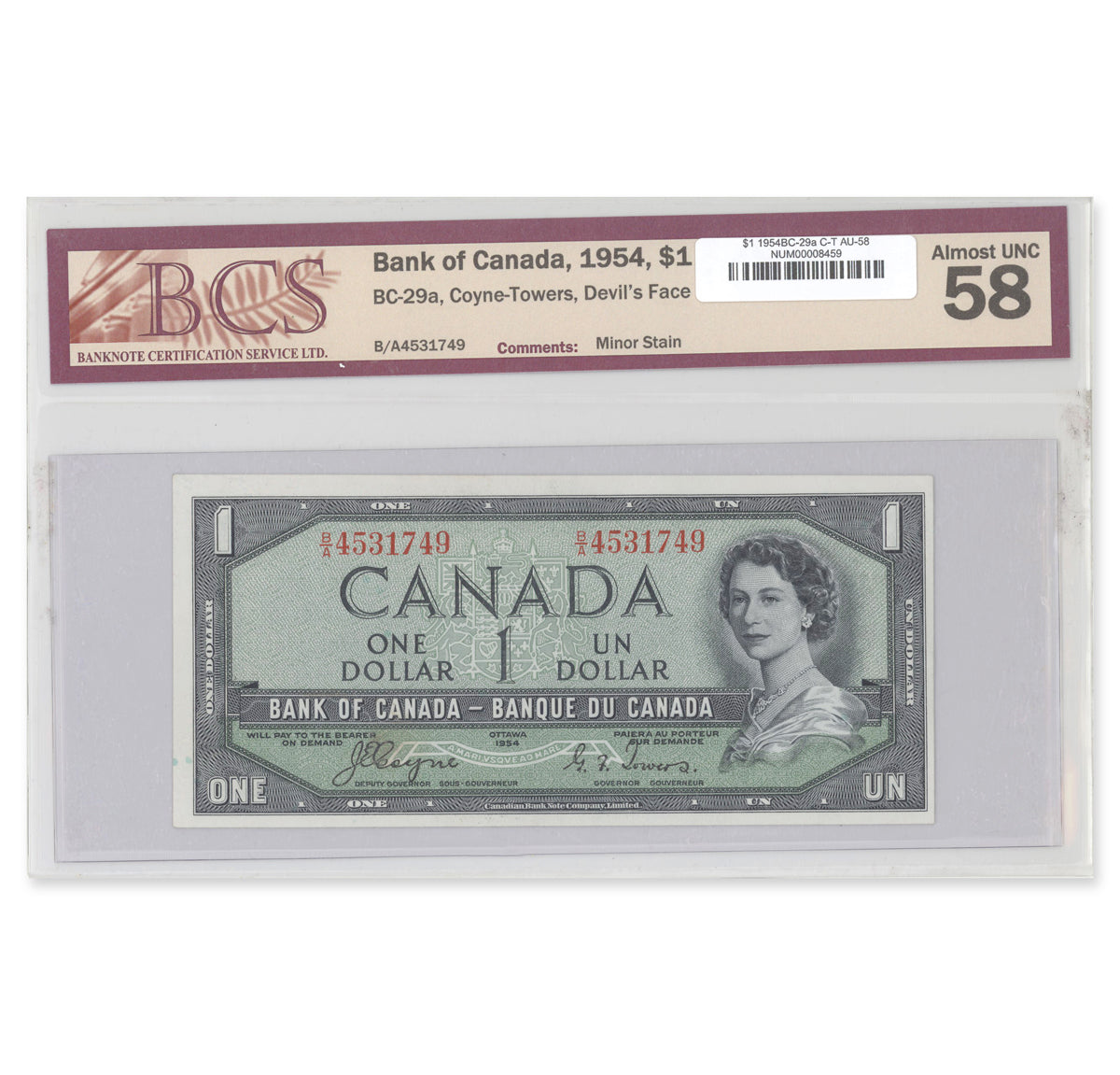 $1 1954 Devil's Face Series BC-29a Coyne-Towers Prefix B/A BCS AU-58