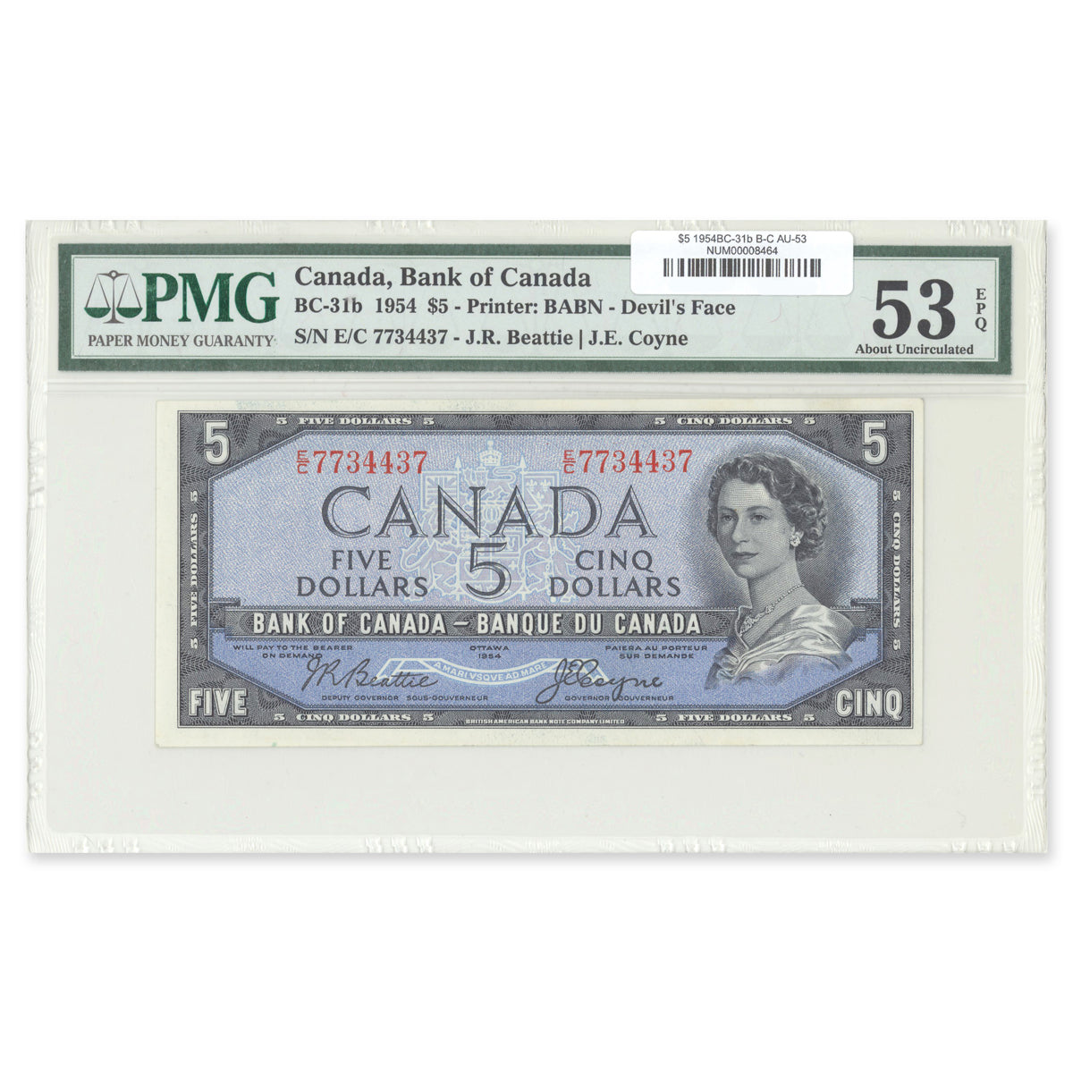 $5 1954 Devil's Face Series BC-31b Beattie-Coyne Prefix E/C PMG AU-53 EPQ