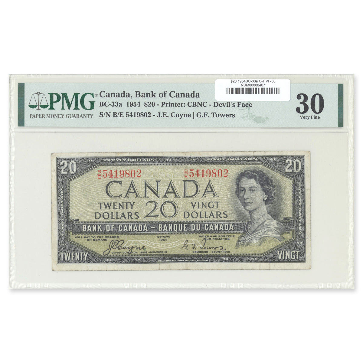 $20 1954 Devil's Face Series BC-33a Coyne-Towers Prefix B/E PMG VF-30
