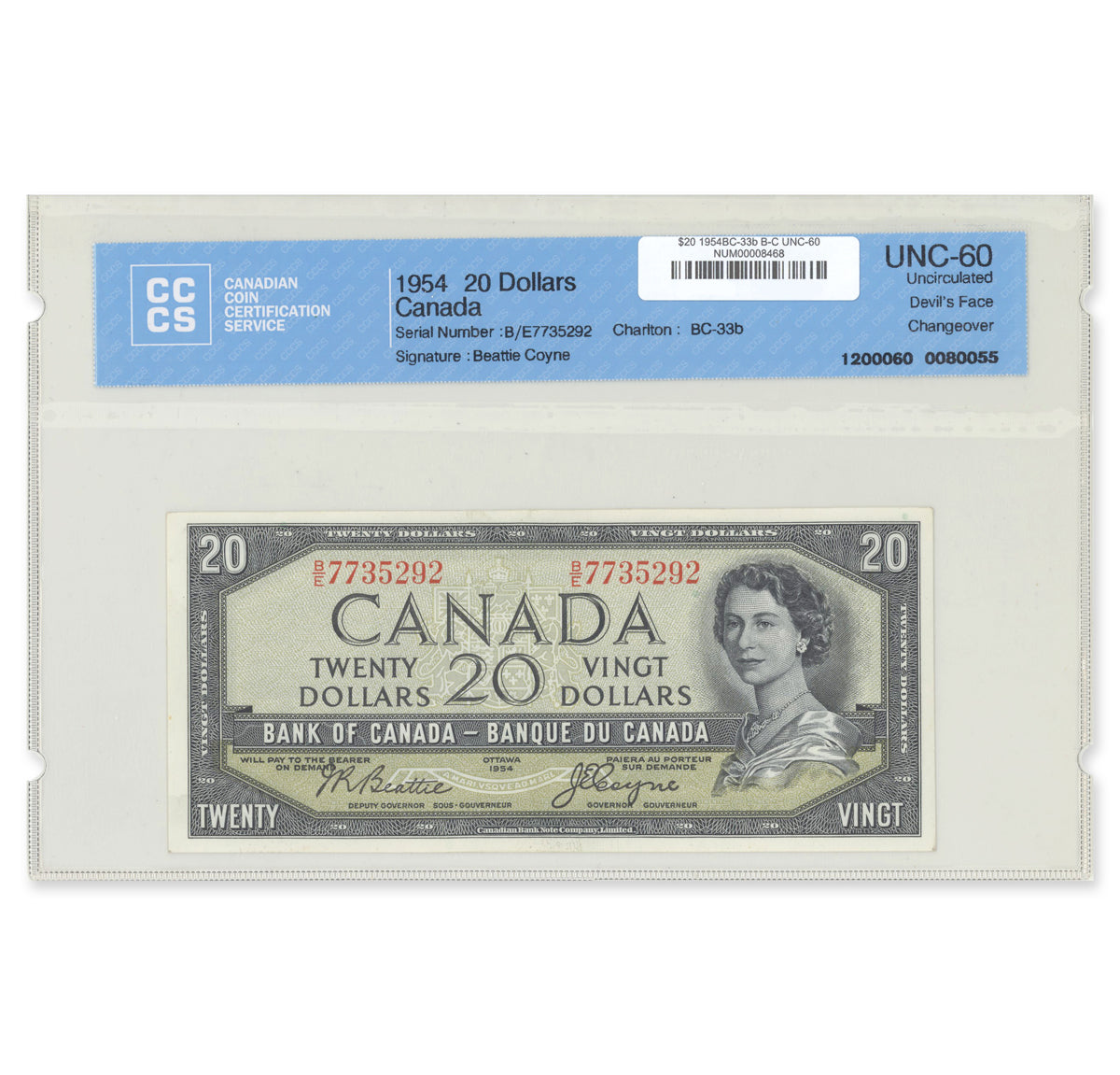 $20 1954 Devil's Face Series BC-33b Beattie-Coyne Prefix B/E CCCS UNC-60