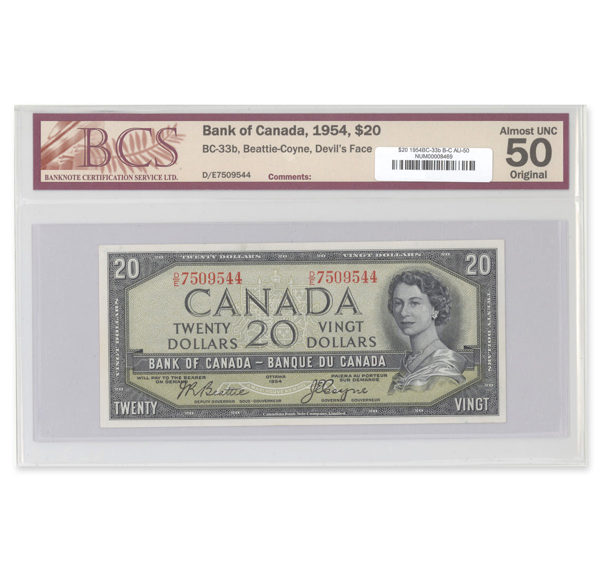 $20 1954 Devil's Face Series BC-33b Beattie-Coyne Prefix D/E BCS AU-50 Original