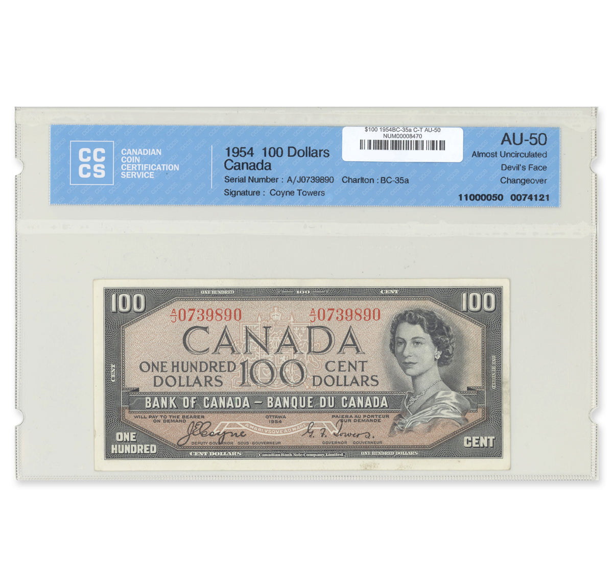 $100 1954 Devil's Face Series BC-35a Coyne-Towers Prefix A/J CCCS AU-50