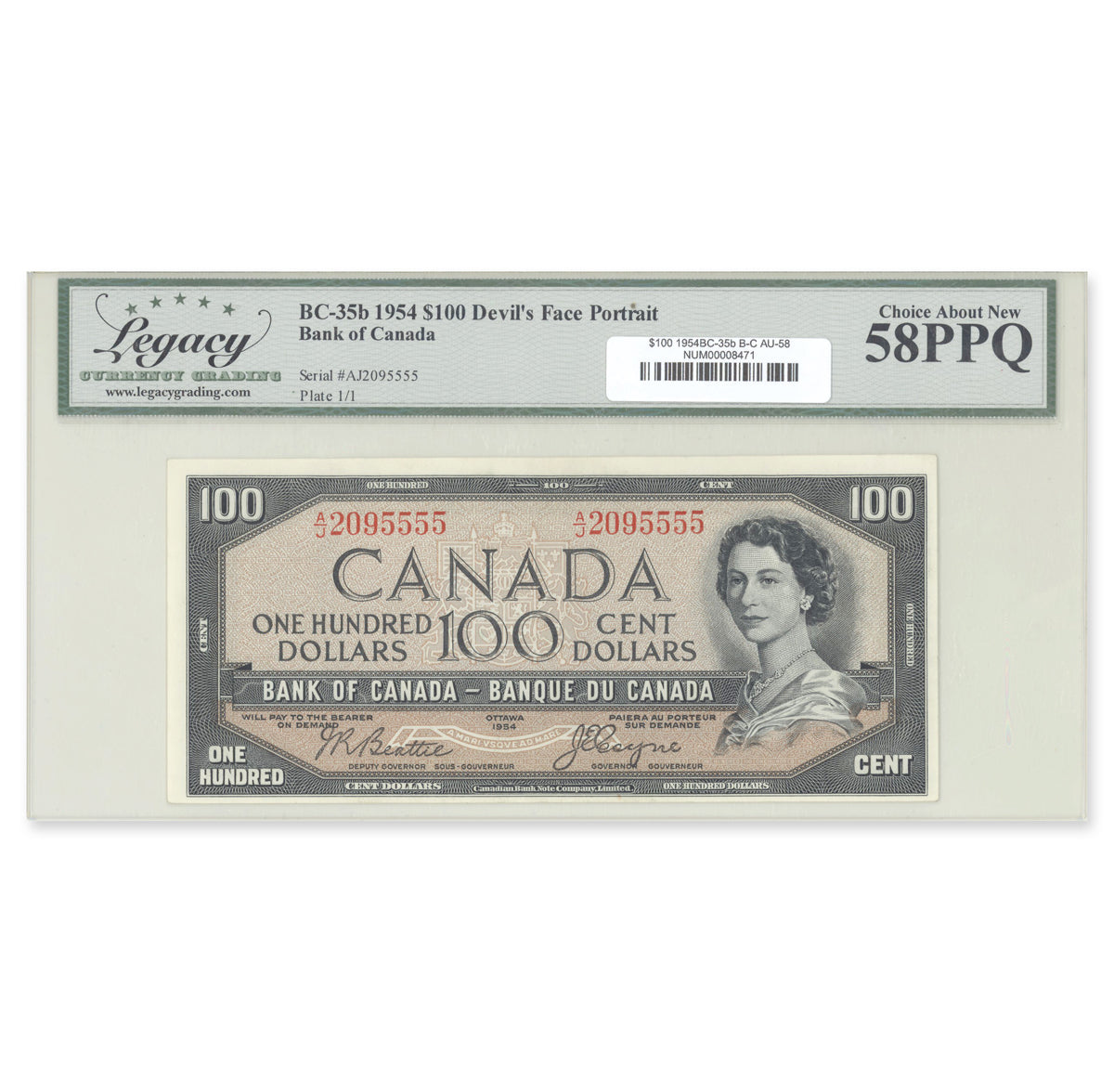 $100 1954 Devil's Face Series BC-35b Beattie-Coyne Prefix A/J Legacy AU-58 PPQ