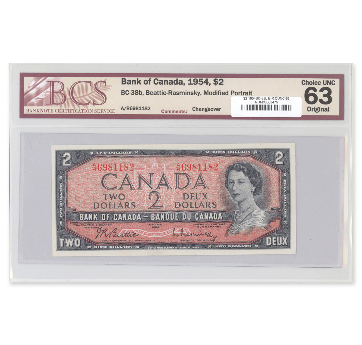 $2 1954 Modified Series BC-38b Beattie-Rasminsky Prefix A/R BCS CUNC-63 Original