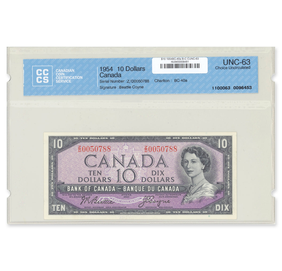 $10 1954 Modified Series BC-40a Beattie-Coyne Prefix Z/D CCCS CUNC-63