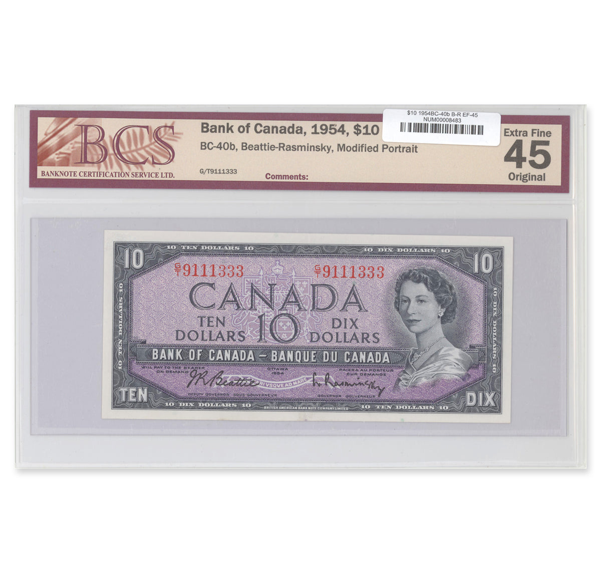 $10 1954 Modified Series BC-40b Beattie-Rasminsky Prefix G/T BCS EF-45 Original