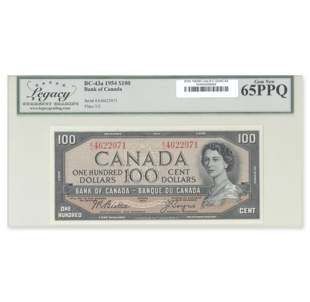 $100 1954 Modified Series BC-43a Beattie-Coyne Prefix A/J Legacy GUNC-65 PPQ