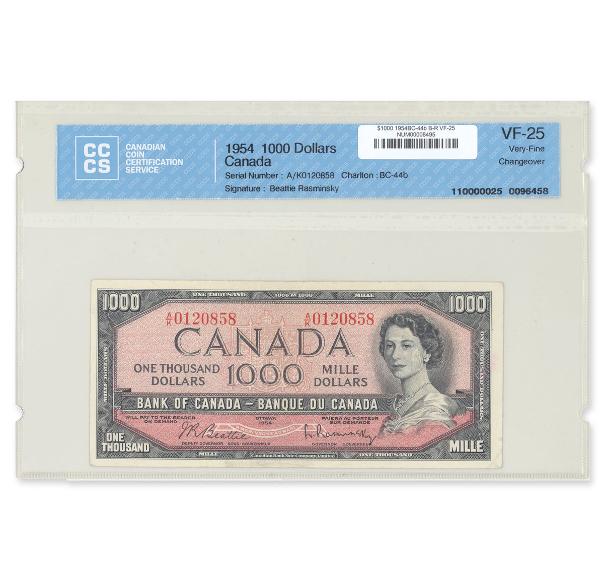 $1000 1954 Modified Series BC-44b Beattie-Rasminsky Prefix A/K CCCS VF-25
