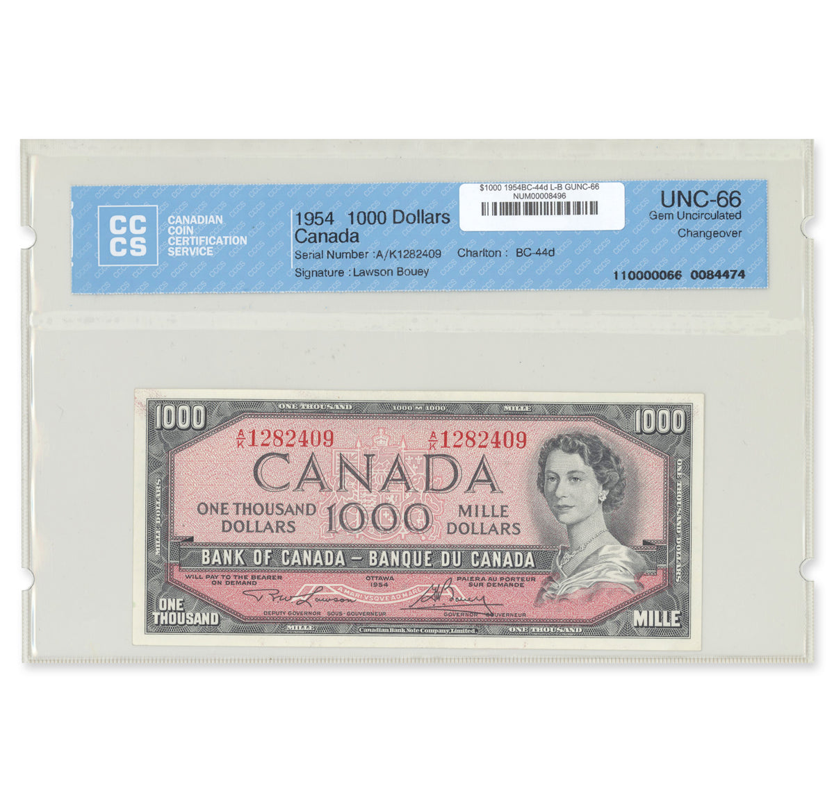 $1000 1954 Modified Series BC-44d Lawson-Bouey Prefix A/K CCCS GUNC-66