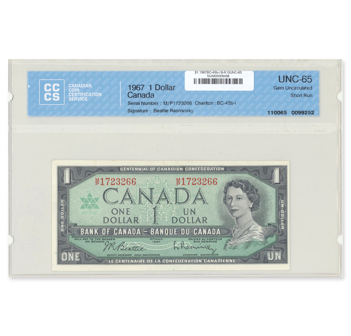 $1 1967 BC-45b-i Beattie-Rasminsky Prefix M/P CCCS GUNC-65