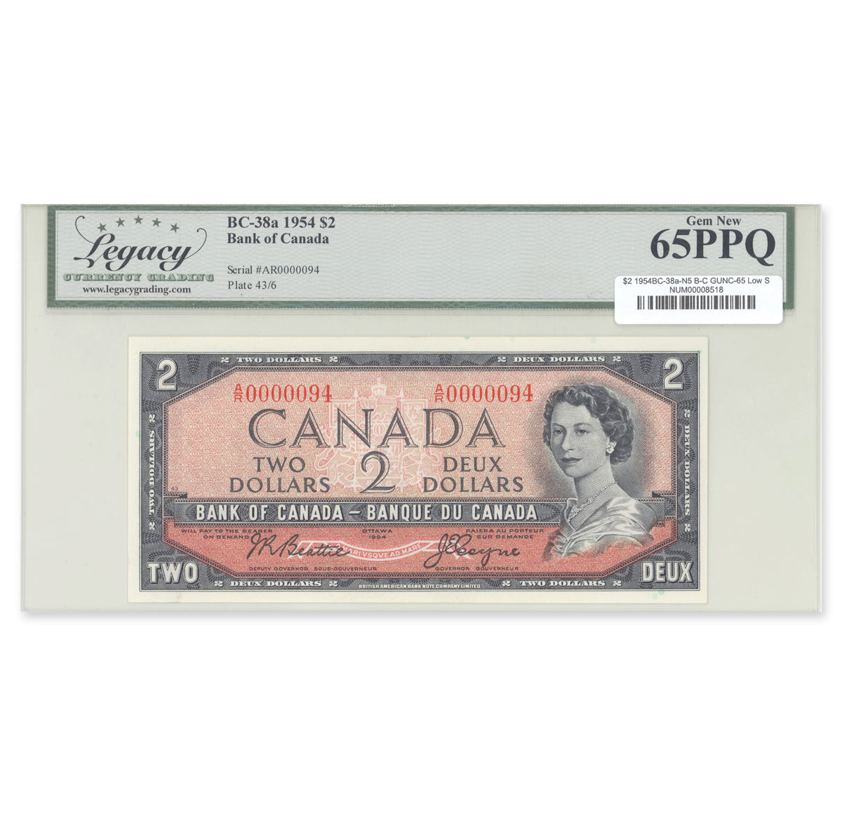 $2 1954 Modified Series BC-38a-N5 Low Serial # Beattie-Coyne Prefix A/R Legacy GUNC-65 PPQ