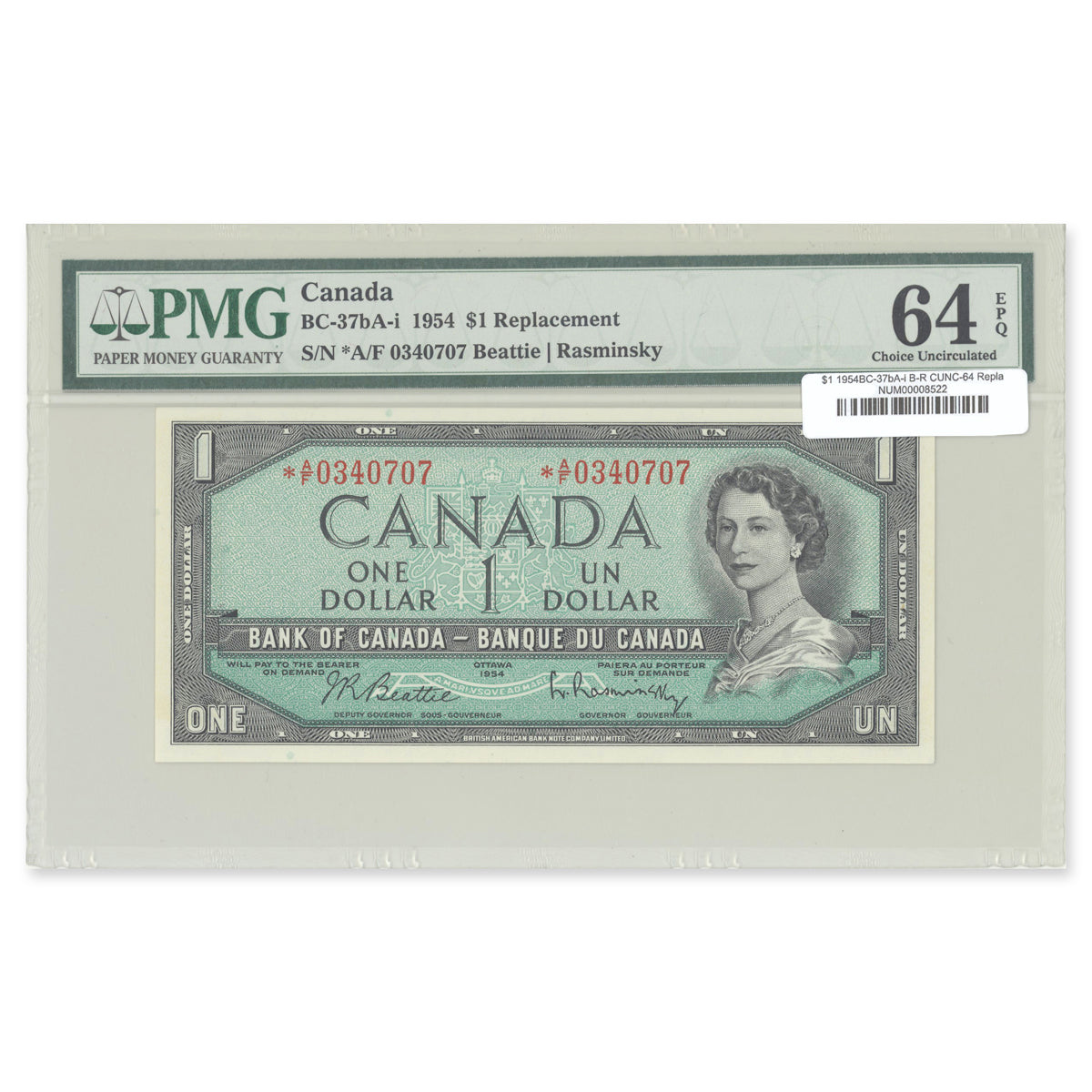 $1 1954 Modified Series BC-37bA-i Replacement Beattie-Rasminsky Prefix *A/F PMG CUNC-64 EPQ