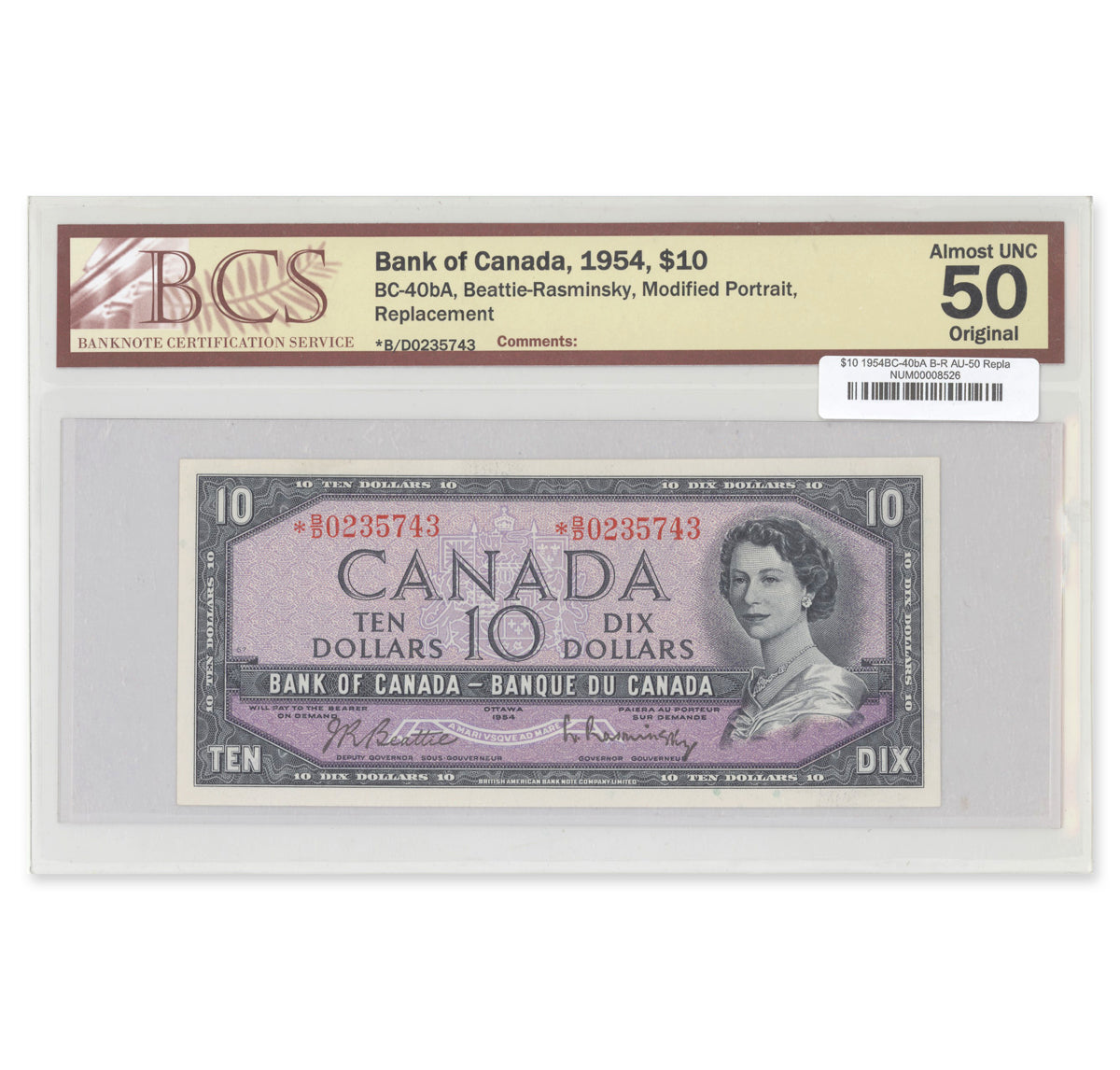 $10 1954 Modified Series BC-40bA Replacement Beattie-Rasminsky Prefix *B/D BCS AU-50 Original