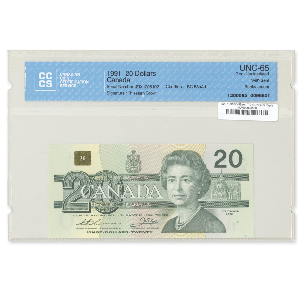 $20 1991 BC-58aA-i Replacement Thiessen-Crow Prefix EIX CCCS GUNC-65