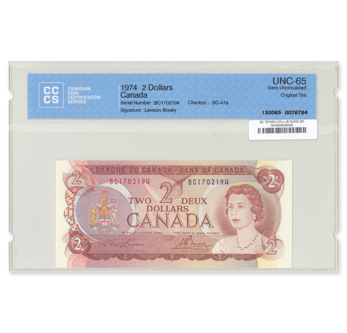 $2 1974 BC-47a Lawson-Bouey Prefix BC CCCS GUNC-65