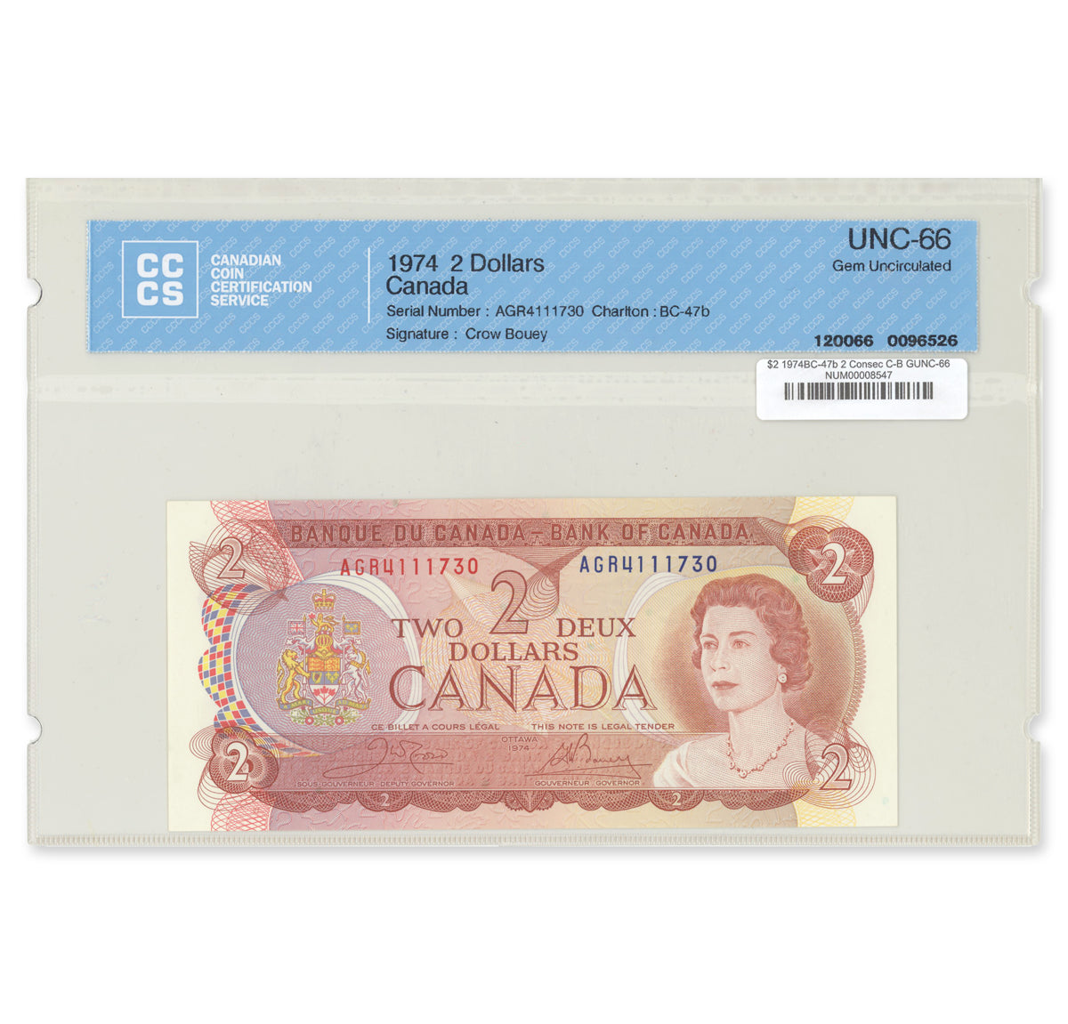 $2 1974 BC-47b 2 Consecutive Crow-Bouey Prefix AGR CCCS GUNC-66