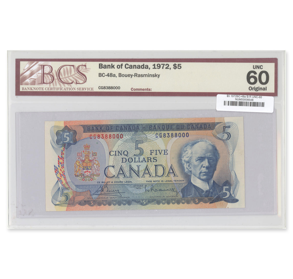 $5 1972 BC-48a Bouey-Rasminsky Prefix CG BCS UNC-60 Original