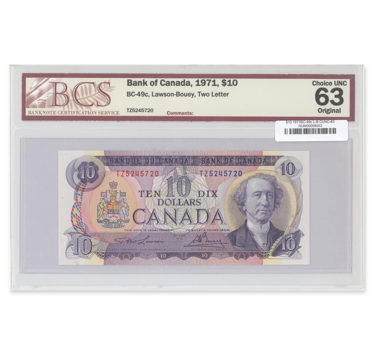 $10 1971 BC-49c Lawson-Bouey Prefix TZ BCS CUNC-63 Original