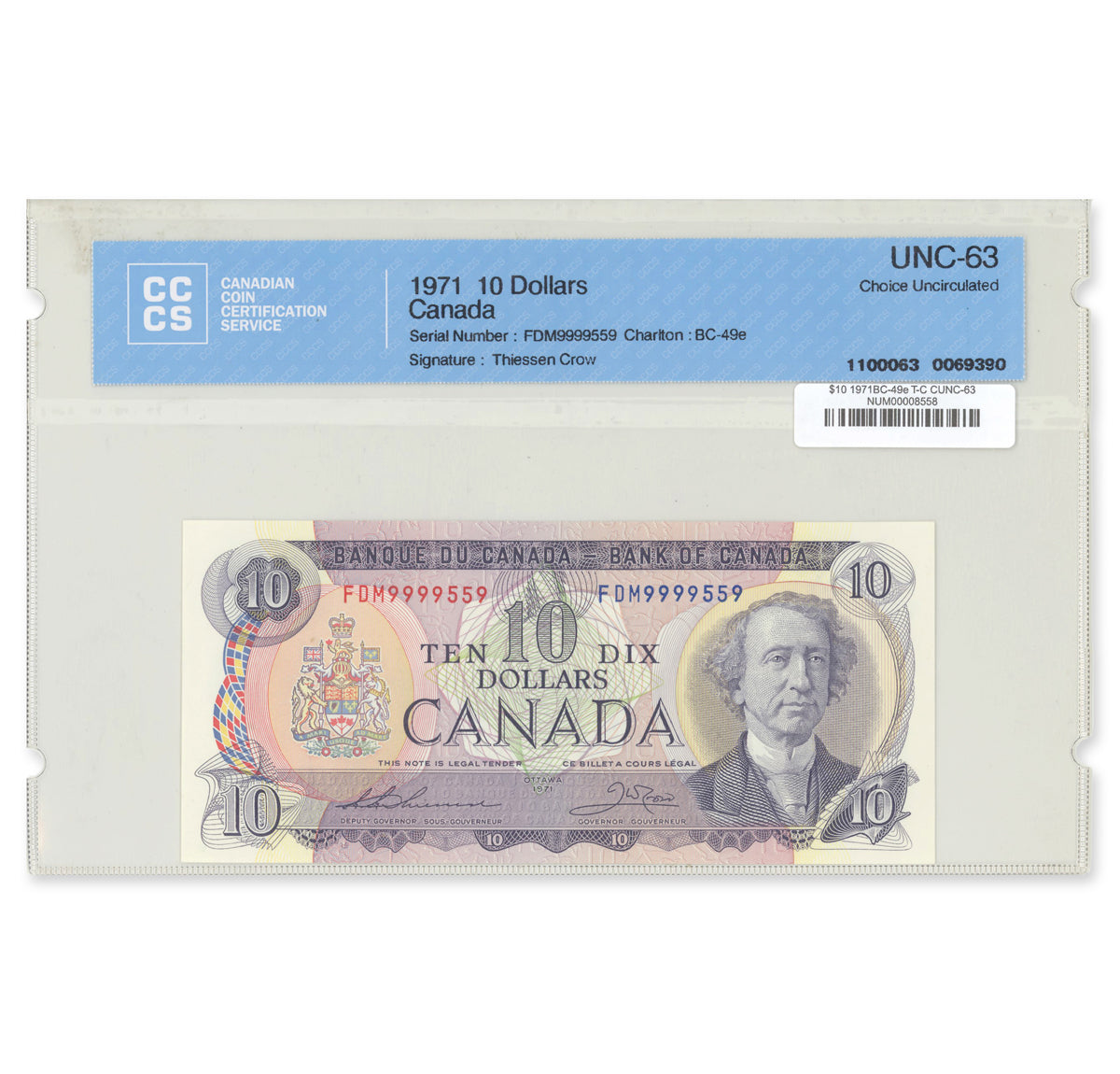 $10 1971 BC-49e Thiessen-Crow Prefix FDM CCCS CUNC-63