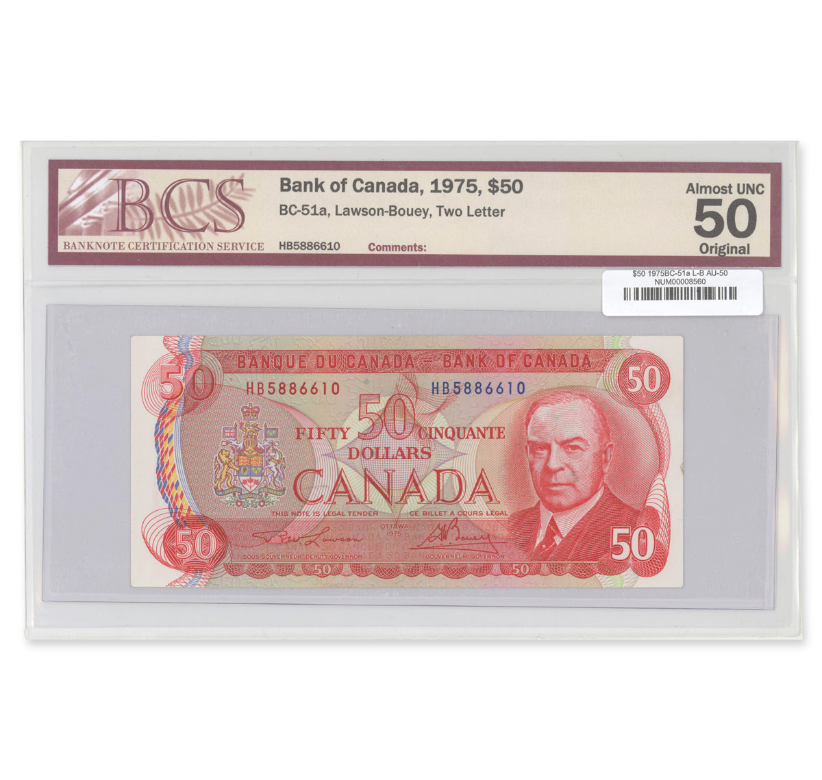 $50 1975 BC-51a Lawson-Bouey Prefix HB BCS AU-50 Original