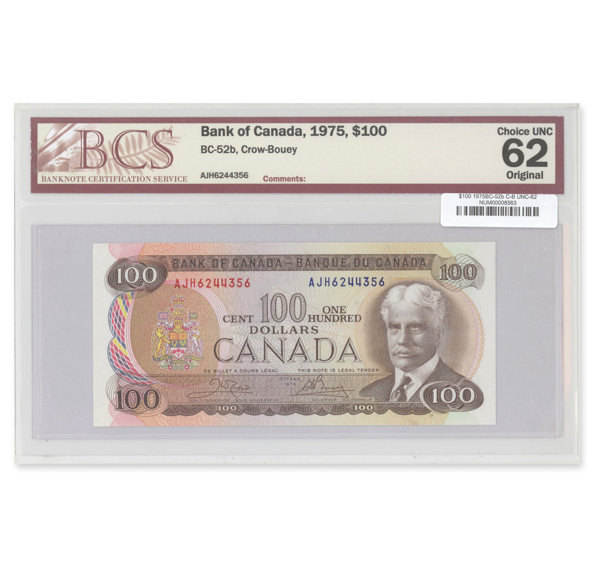 $100 1975 BC-52b Crow-Bouey Prefix AJH BCS UNC-62 Original