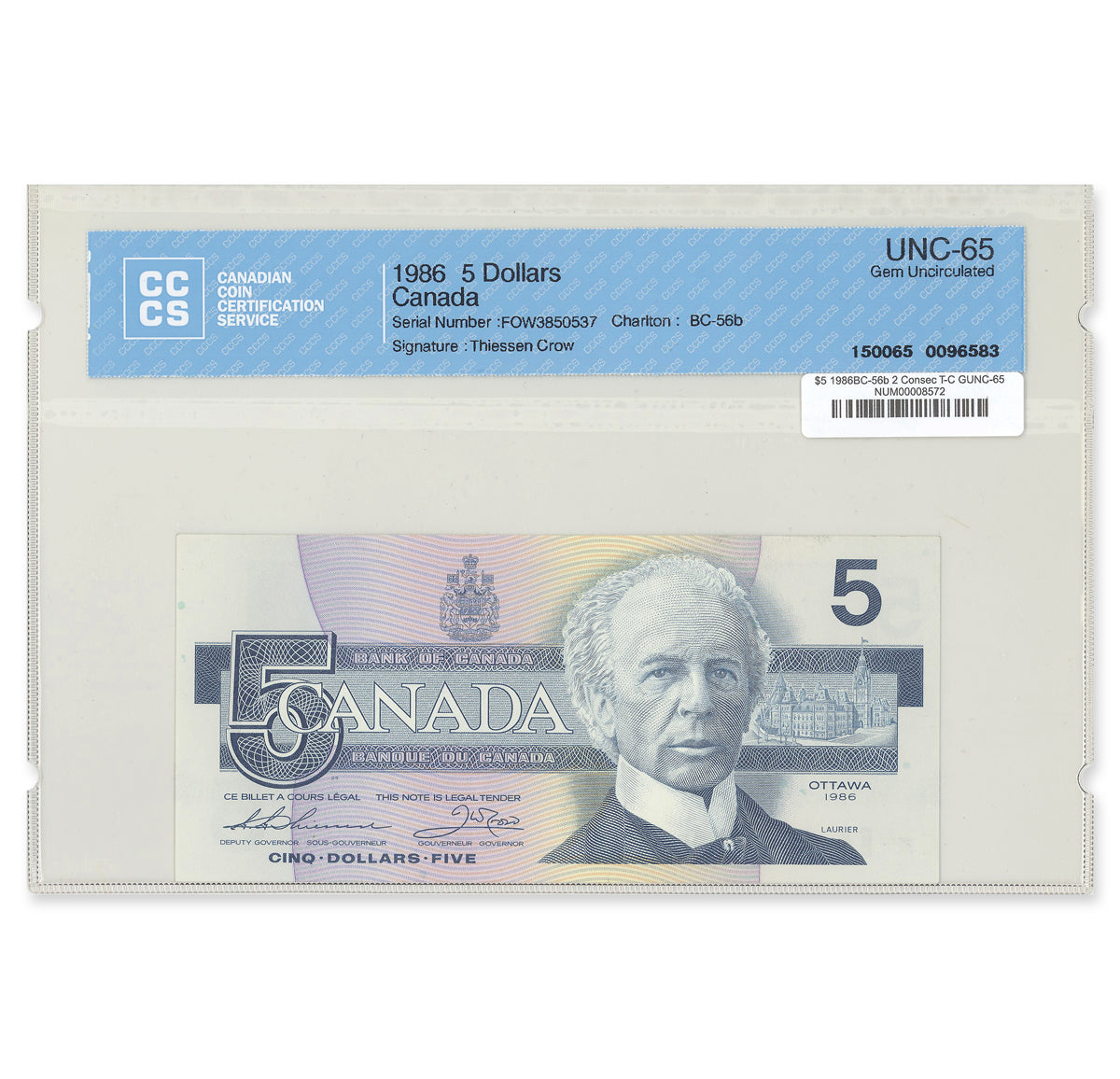 $5 1986 BC-56b 2 Consecutive Thiessen-Crow Prefix FOW CCCS GUNC-65