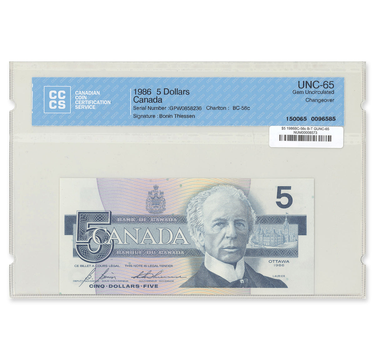 $5 1986 BC-56c Bonin-Thiessen Prefix GPW CCCS GUNC-65