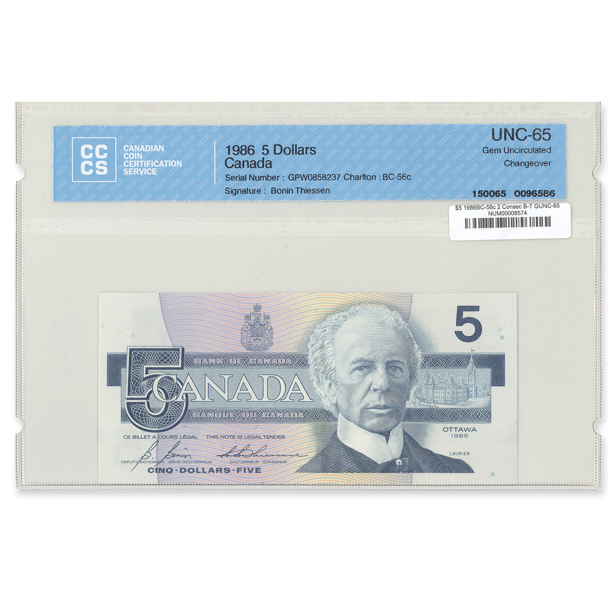 $5 1986 BC-56c 2 Consecutive Bonin-Thiessen Prefix GPW CCCS GUNC-65