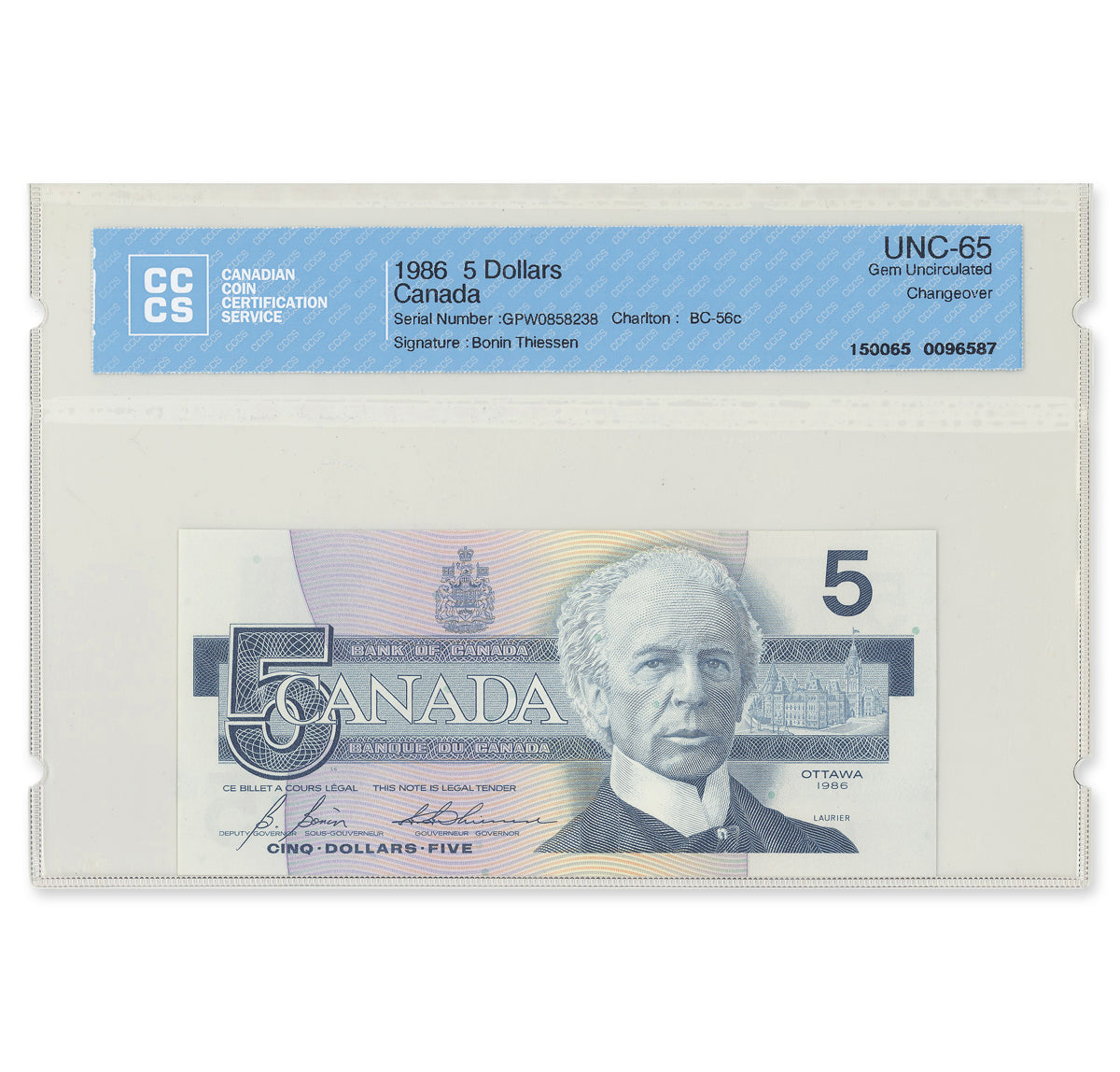 $5 1986 BC-56c 2 Consecutive Bonin-Thiessen Prefix GPW CCCS GUNC-65