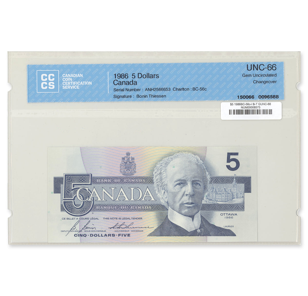 $5 1986 BC-56c-i Bonin-Thiessen Prefix ANH CCCS GUNC-66